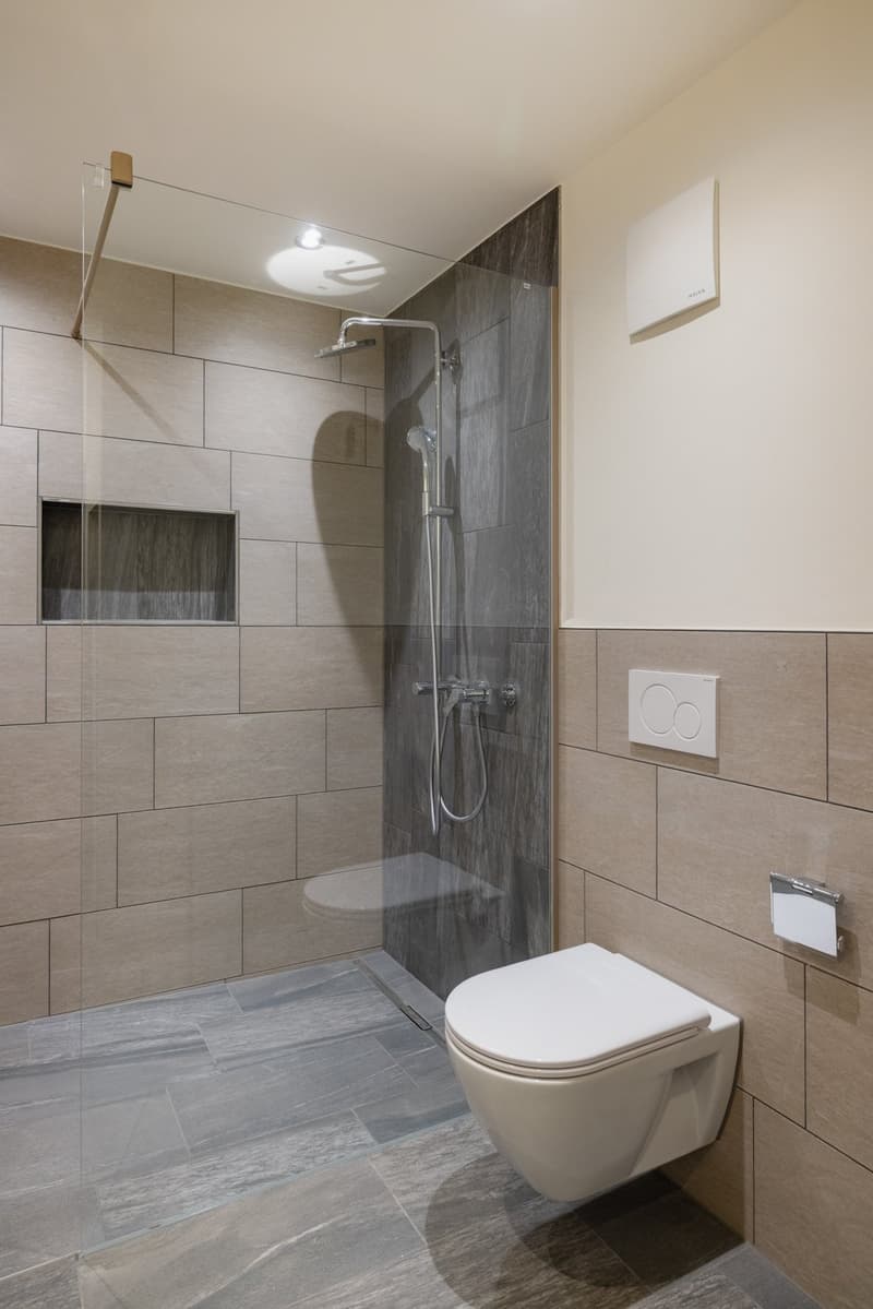 Bathroom with glass shower enclosure, modern showerhead, white ceramic toilet, towel holder, and tiled walls.