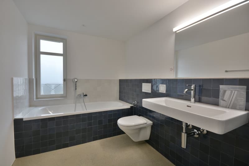 Nasszelle mit Badewanne, Glasdusche und WC
