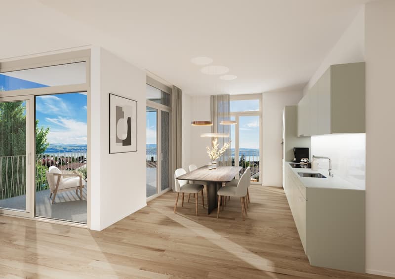 Dining room with balcony, dining table and chairs, large glass doors leading to the balcony, kitchen with granite countertop and modern cabinets