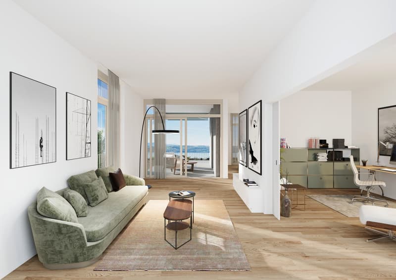 modern decor, large windows, balcony, sliding doors, white walls, hardwood floors, glass coffee table, green couch, office chair, desk