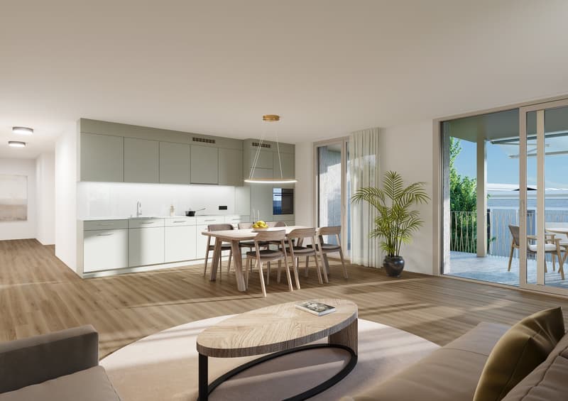 open living room and kitchen with dining table, large windows leading to balcony