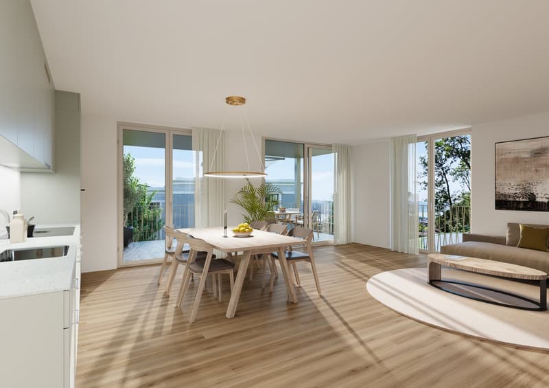 kitchen with wooden dining table, couch, modern design, glass doors leading to balcony
