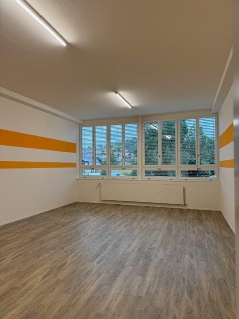 Empty room with white walls, orange horizontal stripes, and large windows overlooking the outdoors. The room has a hardwood-style floor.