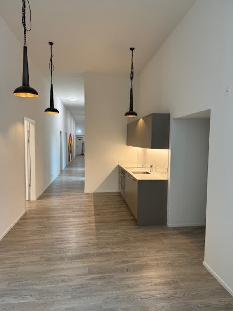 The image shows a hallway with a kitchen area. The hallway has a hardwood floor and white walls. There are three pendant lights hanging from the ceiling. The kitchen area has a gray cabinet with a sink and what appears to be a dishwasher.