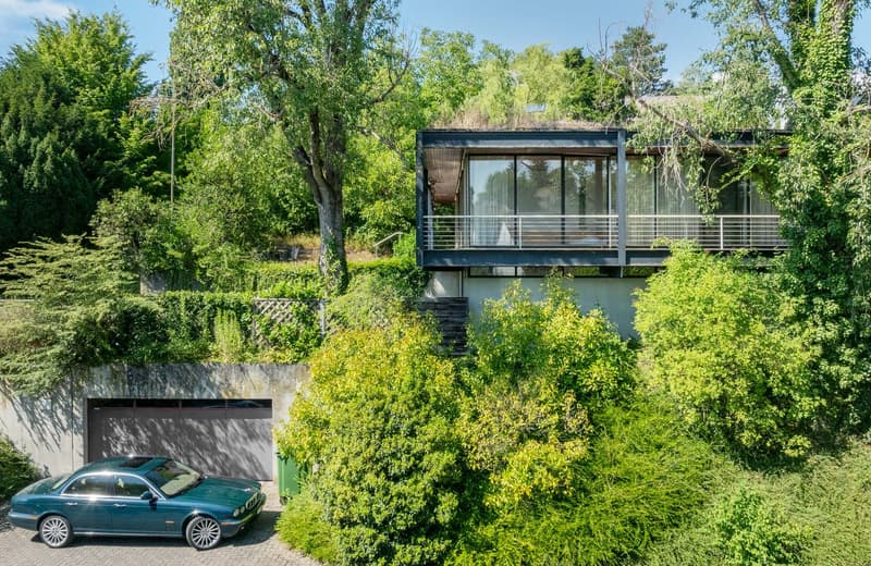 Modern architectural design, raised on stilts, two-story, large windows, surrounded by greenery.