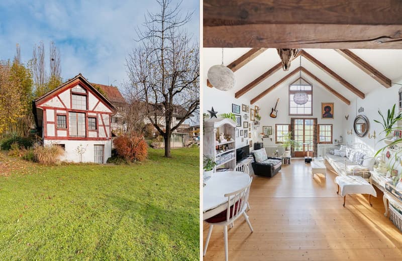 two-story house with red trim, fireplace, balcony, spacious living room, large kitchen, garden, bathroom