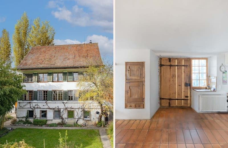 Traditional white house with red roof, large windows with green shutters, wooden doors, interior with wooden floor and white radiator, front yard with grass and trees
