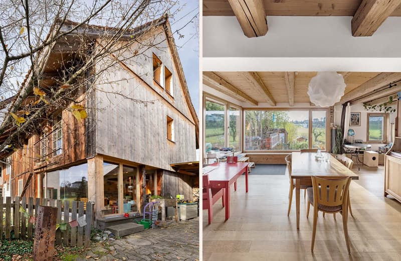 Modern wooden house, large windows, front yard, garden, large dining area, wooden table, wooden chairs, wooden shelves, decorative lamps