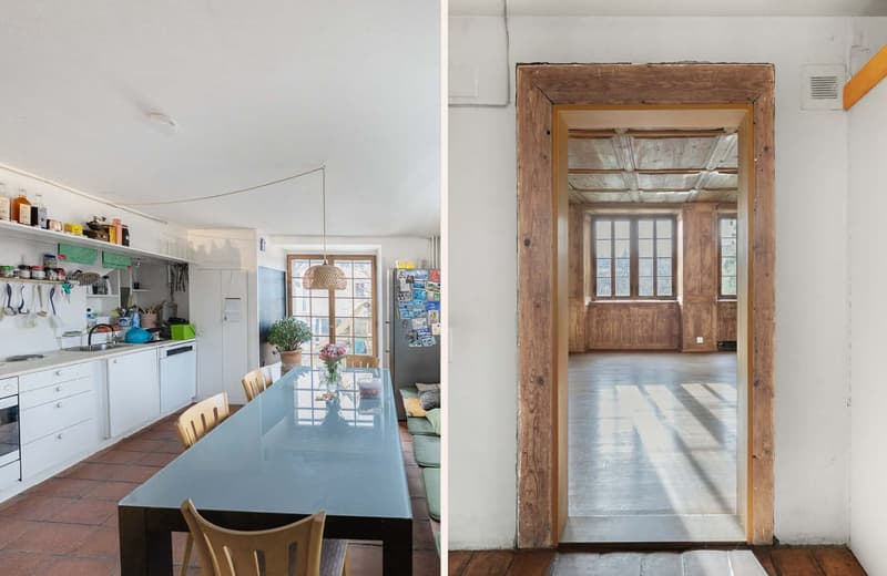 kitchen and living room, long dining table, kitchen appliances, wooden beam, windows, potted plant