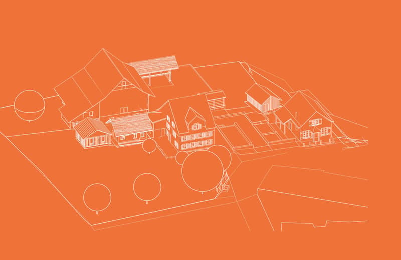 The image appears to be a stylized floor plan or architectural rendering of a residential neighborhood. It shows a collection of houses, buildings, and other structures arranged in a compact layout. The buildings have various shapes and sizes, with some f
