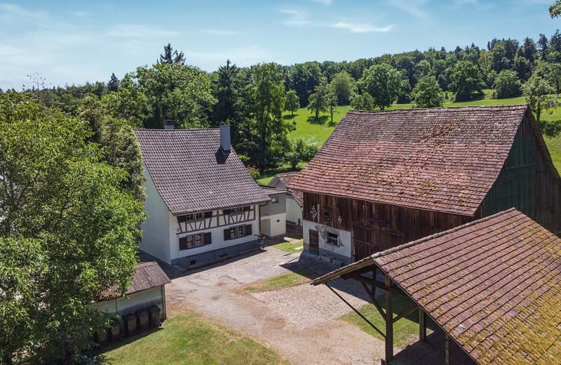 This image shows a rural, countryside setting with a traditional German-style farmhouse and barn. The buildings have tiled roofs and wooden construction, surrounded by lush green trees and a grassy field. The scene appears to be a peaceful, picturesque co