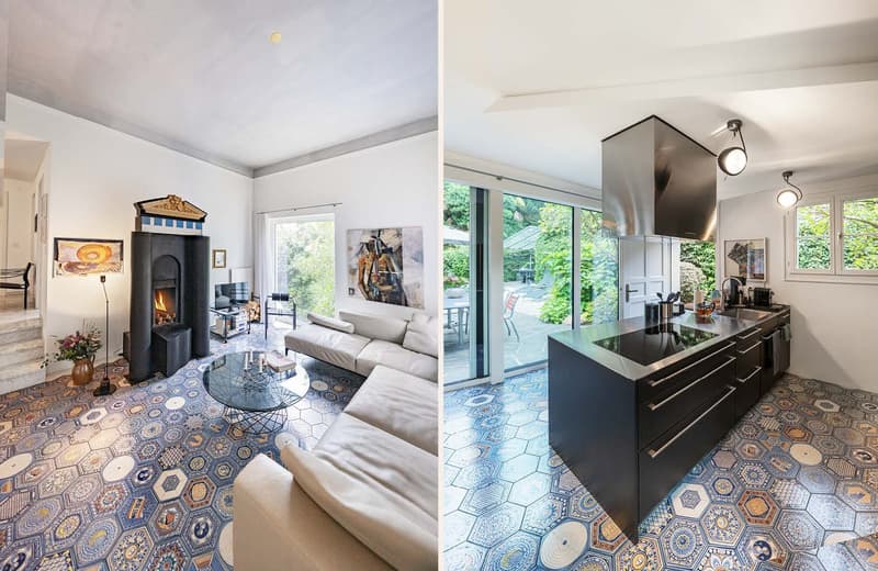 Fireplace, modern design, patterned flooring, white walls, large windows, glass table, modern couch, sliding glass door