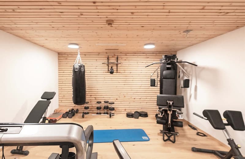 Spacious home gym with wooden paneled walls, various exercise equipment including a punching bag, weight bench, and exercise machine, as well as storage racks and shelves for fitness accessories