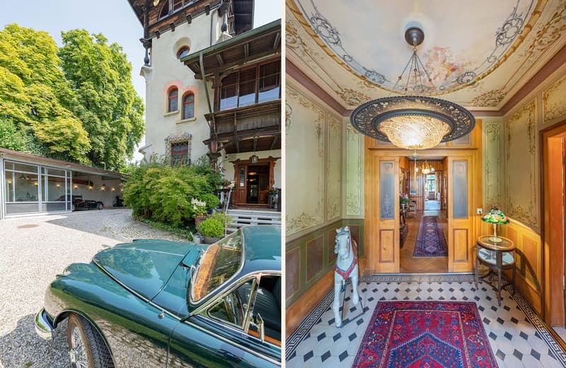 Luxury house with a vintage car in the driveway, elaborate interior with chandelier, ornate hallways, entrance with decorative horse statue, classical architecture
