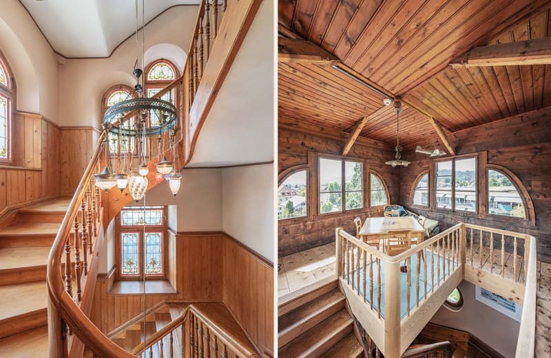Two images of a wooden staircase and an upstairs room with a table and two windows