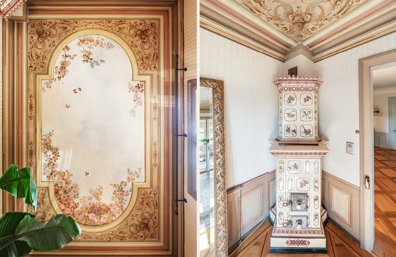 floral decorative wall, ornate door, ornate mirror, ornate heater