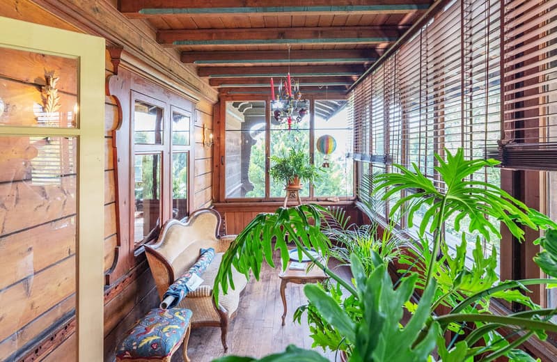 wooden walls, wooden floor, bench, decorative plant, chandelier, window with blinds, plant