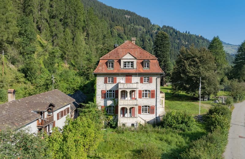 A large, historic-looking house with a red tile roof, white walls, and shuttered windows. The house is situated in a lush, forested area with a grassy lawn and surrounded by mountains.