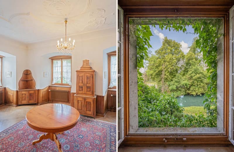 room features white walls, wooden flooring, circular table with rug, wooden cabinets, chandelier, view of a river from window