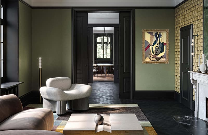 modern living room with green walls, fireplace, modern art, wooden floor, modern furniture