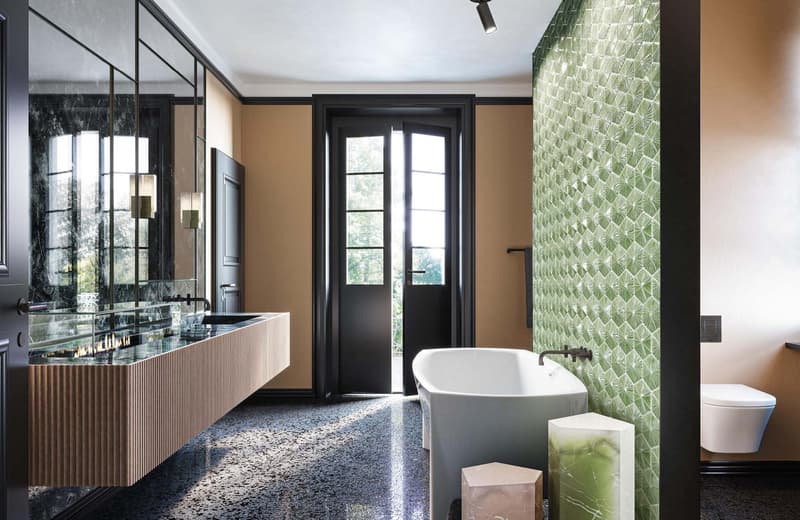 modern bathroom with large vanity, fireplace, bathtub, and large mirrors