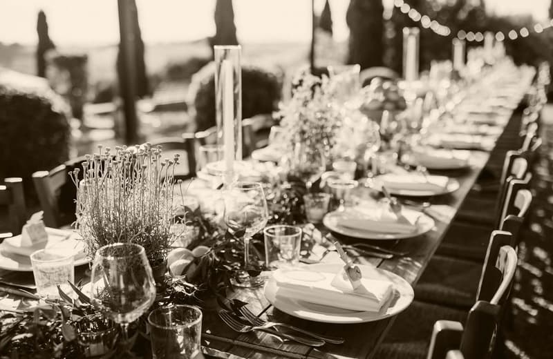 a long dining table set for dinner, multiple chairs around, plants and flowers, candles, view to outside