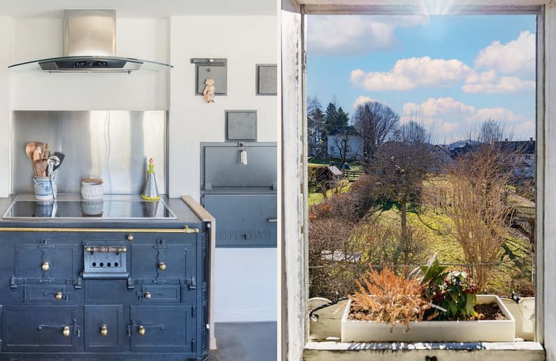 kitchen with stove, chimney, window with view to the outside