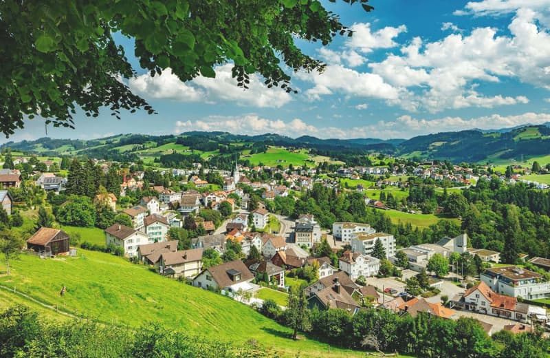 Aerial view of a village with many houses, green fields, and mountains in the background