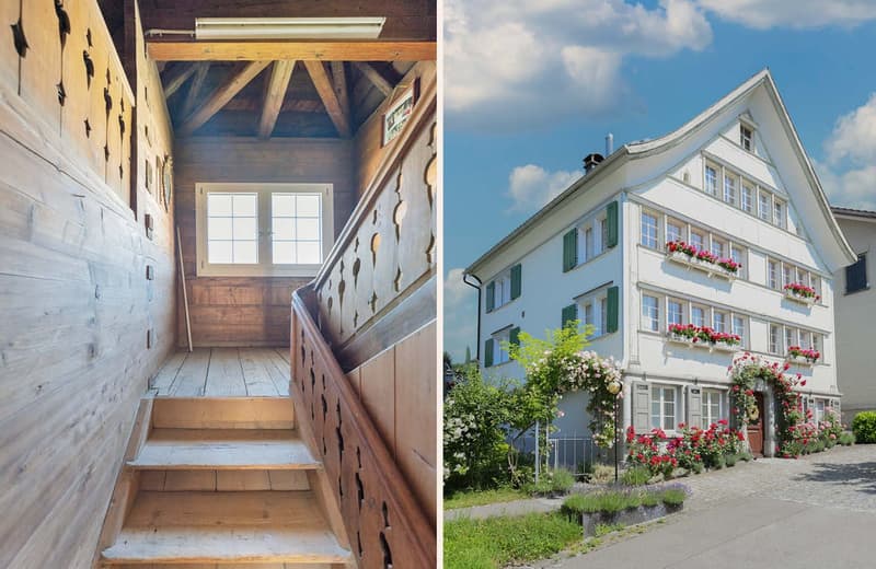 wooden house, wooden stairs, wooden wall, window, white house, flower boxes, garden, driveway