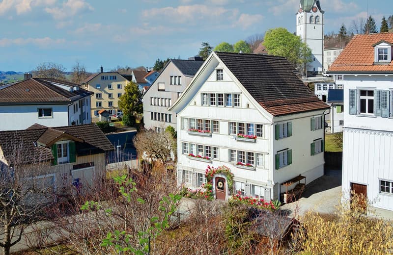 Aerial view of a row of houses with brown roofs and white walls, surrounded by trees and plants, with a tower in the distance.