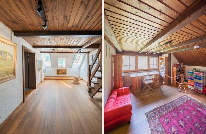 Wooden flooring, wooden beams, paintings on the wall, stairs, red couch, rug, chair, table, cabinets, drawers