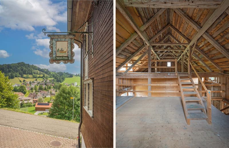 Barn exterior and attic with stairs, wooden framing, and a window.