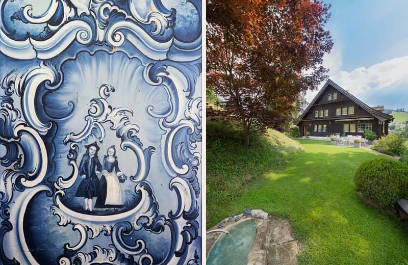 A house exterior with a painting of a couple on the left and a green lawn with a small waterfall fountain on the right.