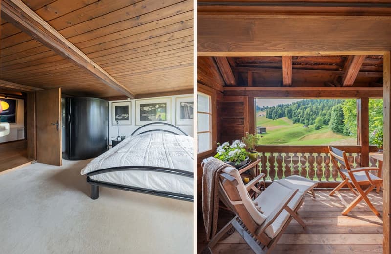 Master bedroom with bed, wardrobe, and nightstand, balcony with chairs and plants, window with countryside view