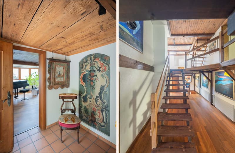 Living room with wooden beams, tiled floor, wooden chair, wooden cabinet, piano, and decorative wall painting.