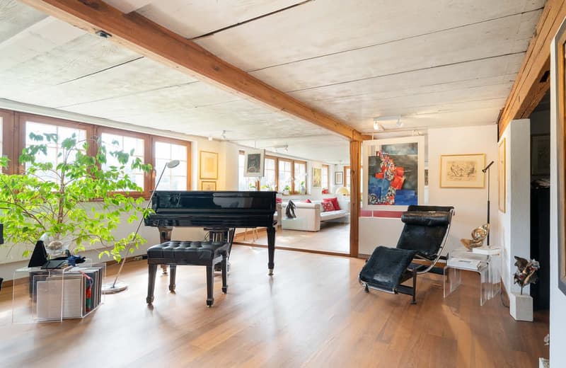 Wooden floor, piano, armchair, table, potted plant, art pieces, lamps, sofa in mirror