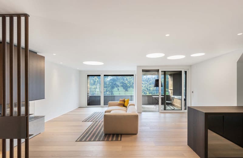 modern interior, white walls, hardwood floors, beige couch, decorative pillows, large windows with balcony, circular lights
