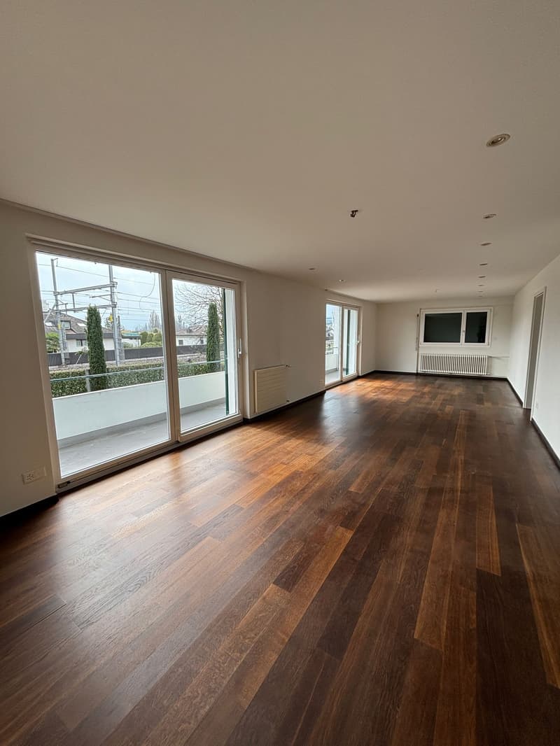 large room, hardwood floors, sliding glass doors, balcony, white walls, white ceiling, radiators, power outlets