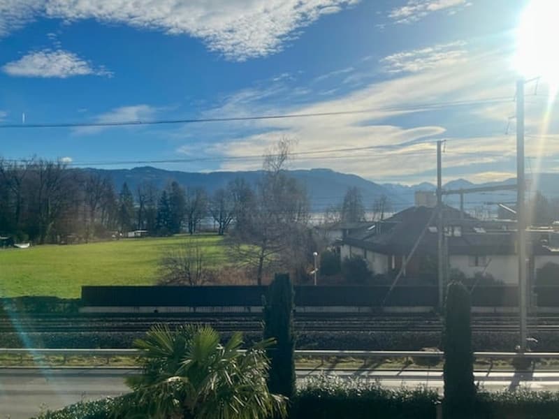View from a balcony or window, showing a large green field, trees, a house, mountains, and a clear blue sky with some clouds.