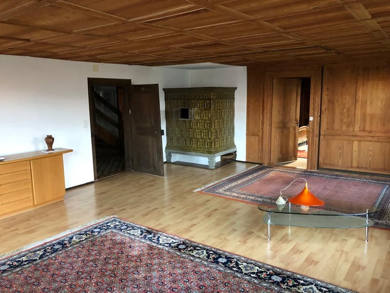 wooden ceiling, wooden floor, two rugs, wooden cabinet, two doors, fireplace