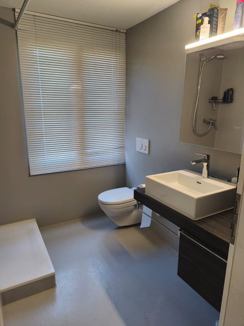 modern bathroom with white toilet, white sink, shower, and window with blinds