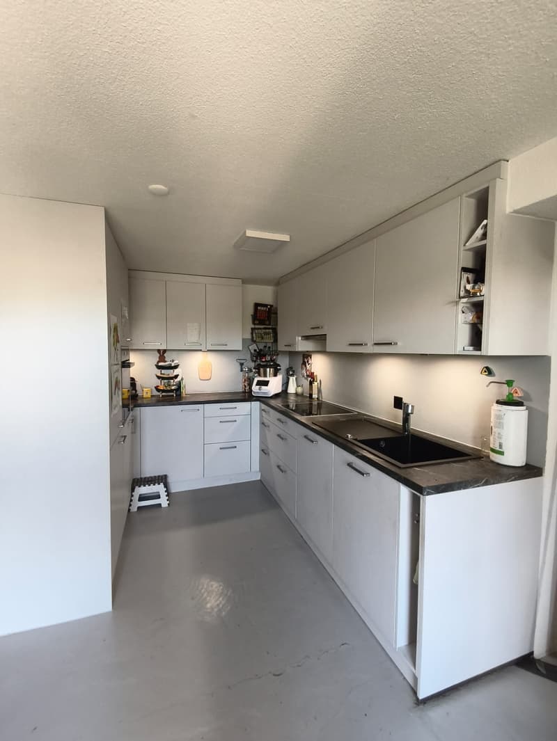 modern kitchen with white cabinets, black countertops, double sink, gas stove, refrigerator, dishwasher, washing machine, and various kitchen appliances