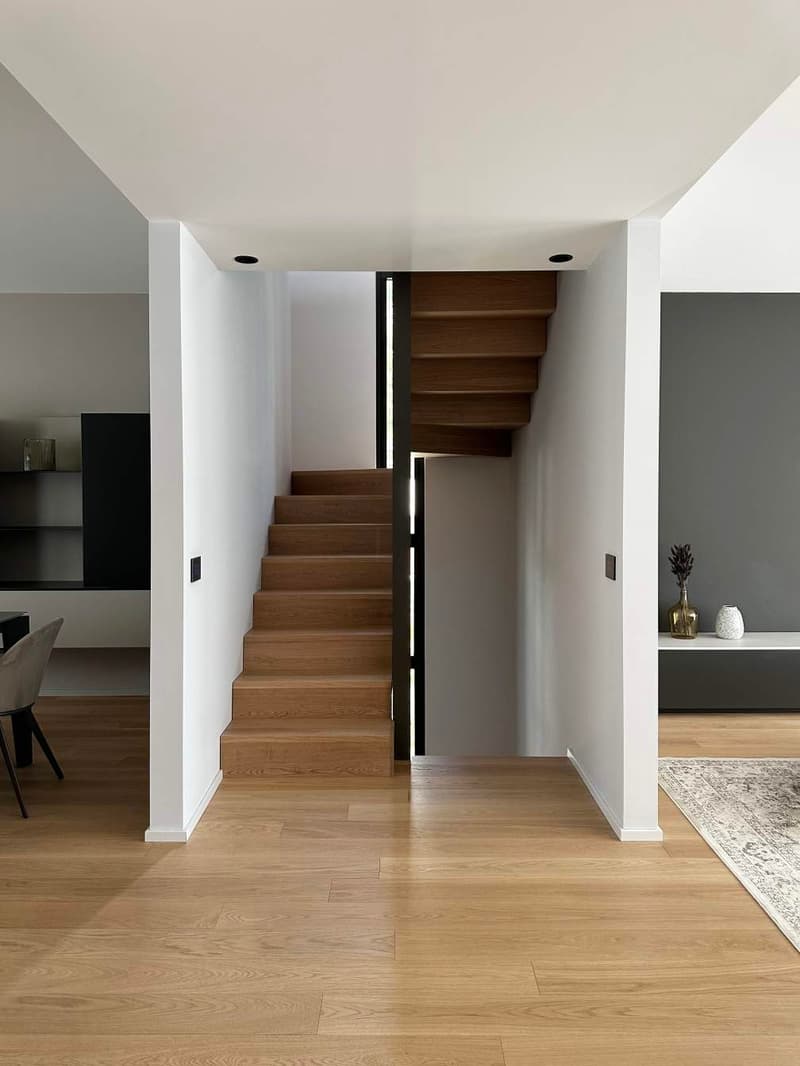 modern interior, wooden stairs, white walls, wooden flooring