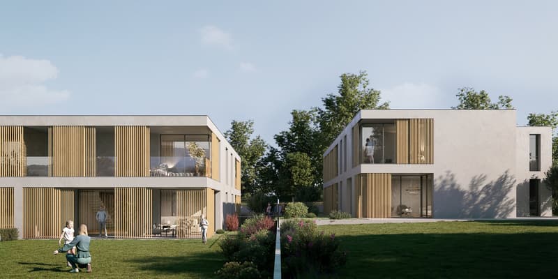 modern architecture, two story, gray concrete, wooden shutters, several balconies, garden in front