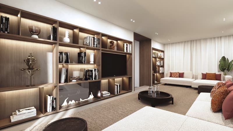 modern design, wooden shelves, glass fireplace, led ceiling lights, large carpet
