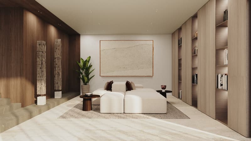 open layout, white sofa, wooden coffee table, large picture, wooden shelving, potted plant, wooden flooring