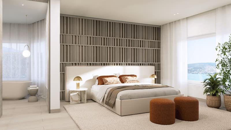 white walls, wooden bed, two bedside tables, ottomans, large rug, bedside lamps, large window, bathtub, potted plants