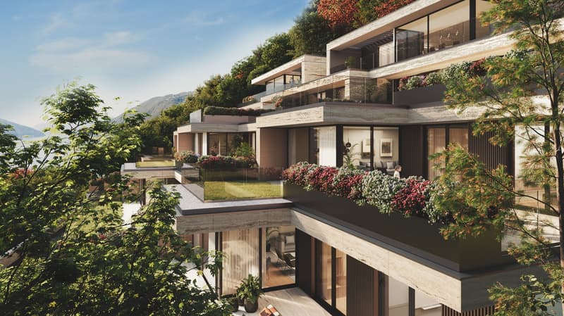 apartments building, modern design, multiple terraces, views of the lake and mountains