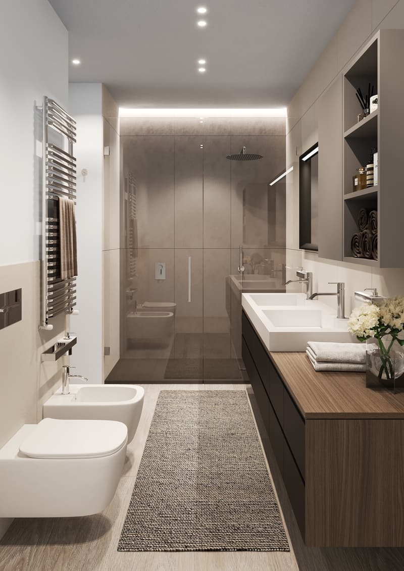 modern bathroom, double sink, double toilet, shower, towel rack, wooden counter