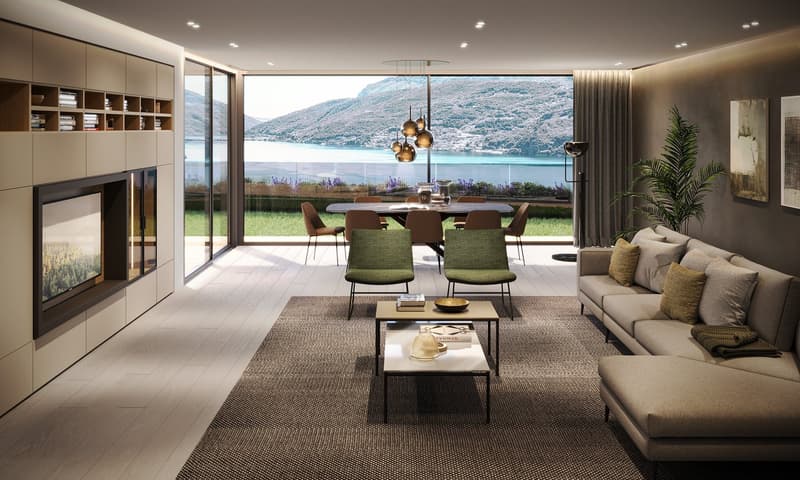 Spacious living room, modern furnishings, glass wall, fireplace, dining table with chairs, table lamp, view to the lake